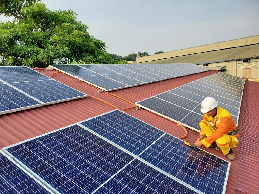 A solar technician performs maintenance on rooftop solar panels enhancing energy efficiency.